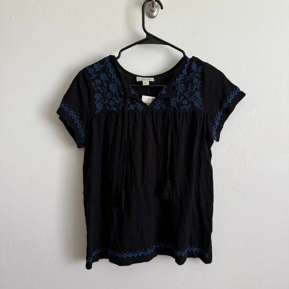 NWT Style and Co. small Black and blue embroidered blouse with tassel detail - Picture 1 of 5